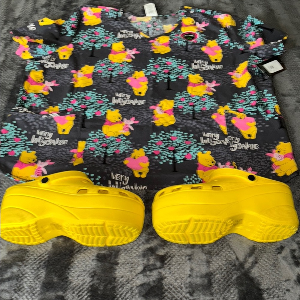 Winnie the Pooh Scrub Top and Yellow Clogs